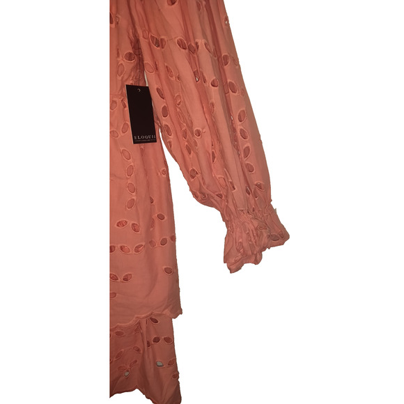 Eloquii Coral Dress Womens Sz 18 Eyelet Ruffles Romantic Boho Mini Tiered Bottom - Picture 5 of 16
